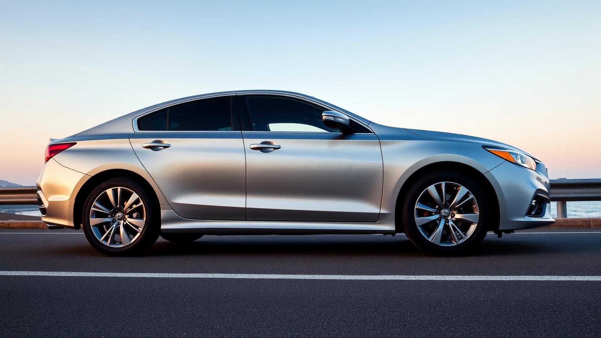 Rental sedan parked on a coastal road at sunset